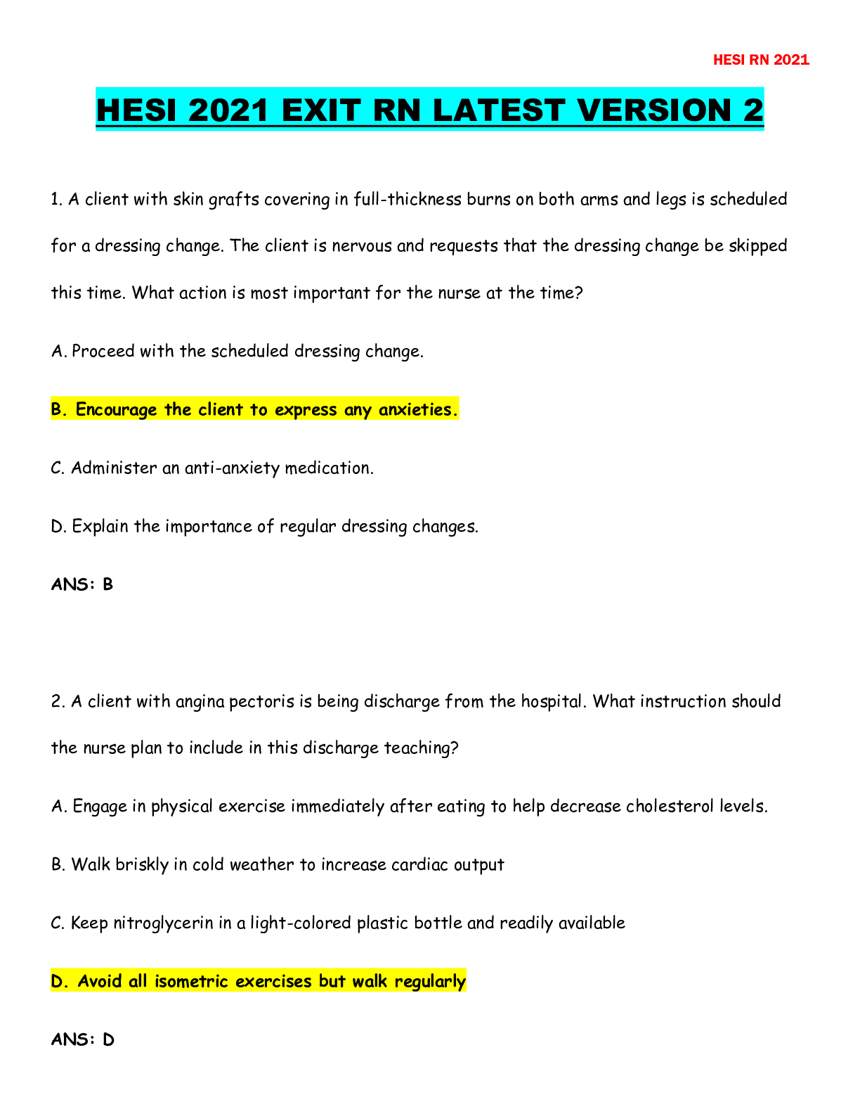 Preview image for HESI 2021 EXIT RN LATEST VERSION 2 (100% guaranteed) WITH COMPLETE SOLUTION